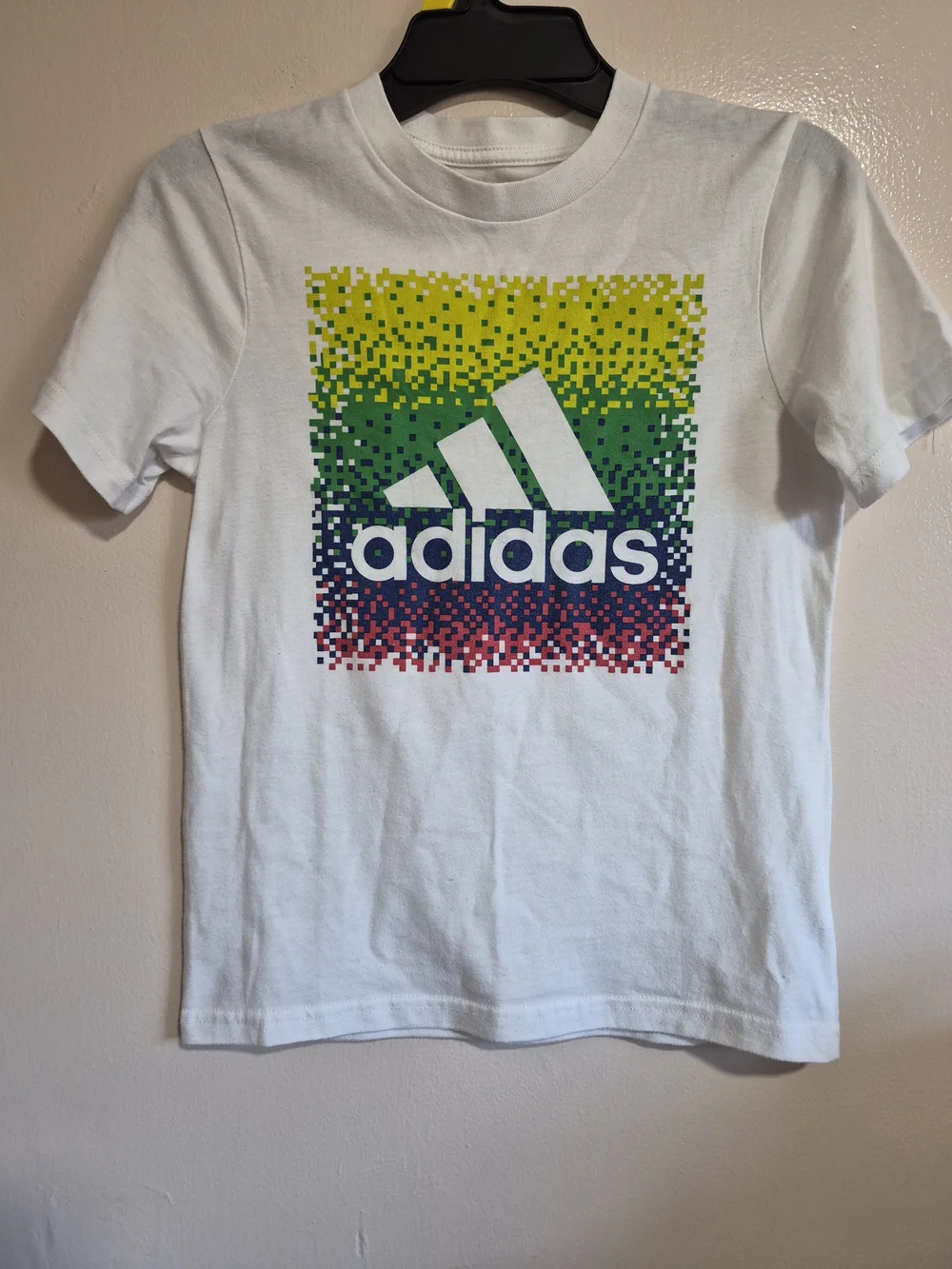 adidas White Tee with Green, Yellow & Red Pixel Logo Size 6